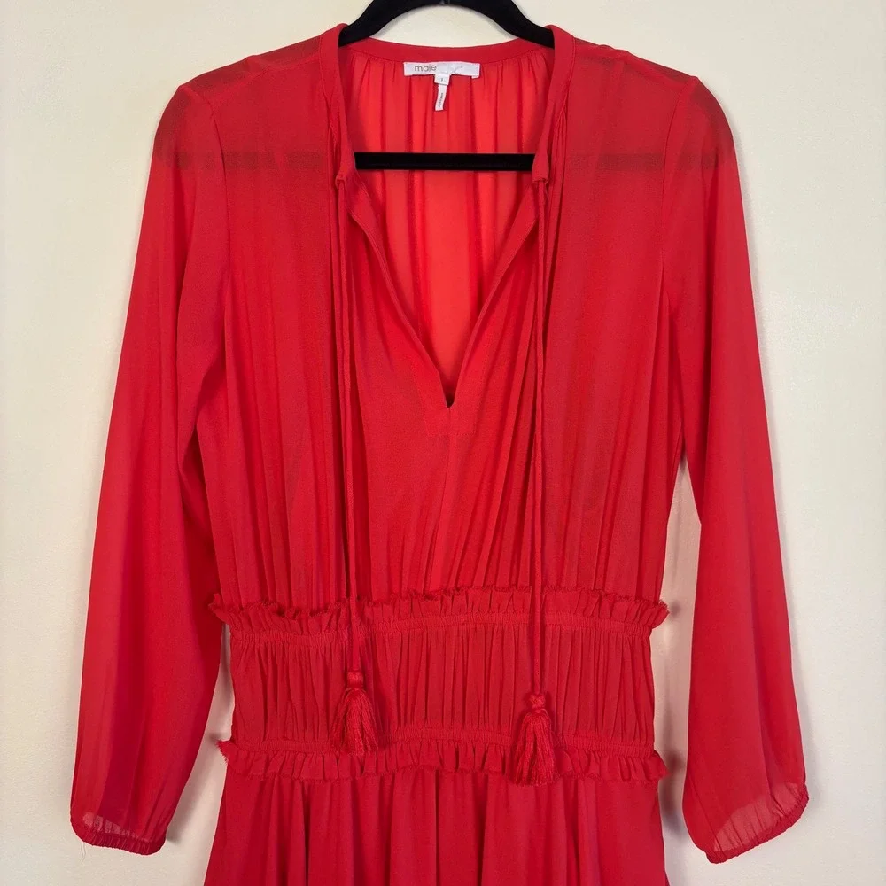 MAJE Rulla Shirred Waist Mini Dress Red Women Size 1 Small Ruffle Skirt Slip